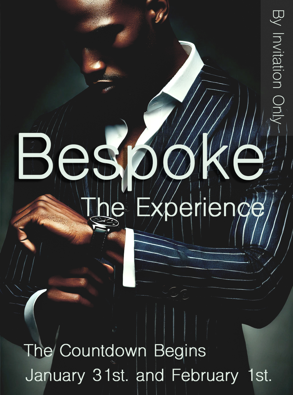 Original Bespoke: The Experience invitation flyer featuring a tailored pinstripe suit
